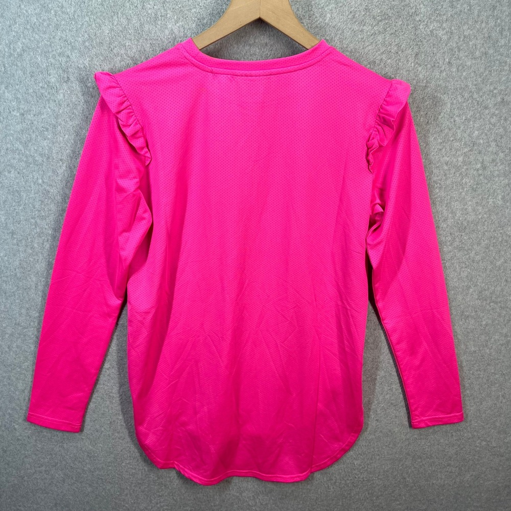 SSYS The Label Womens XS Neon Pink Ruffle Shoulder Mesh Long Sleeve Athletic Top - Picture 3 of 7